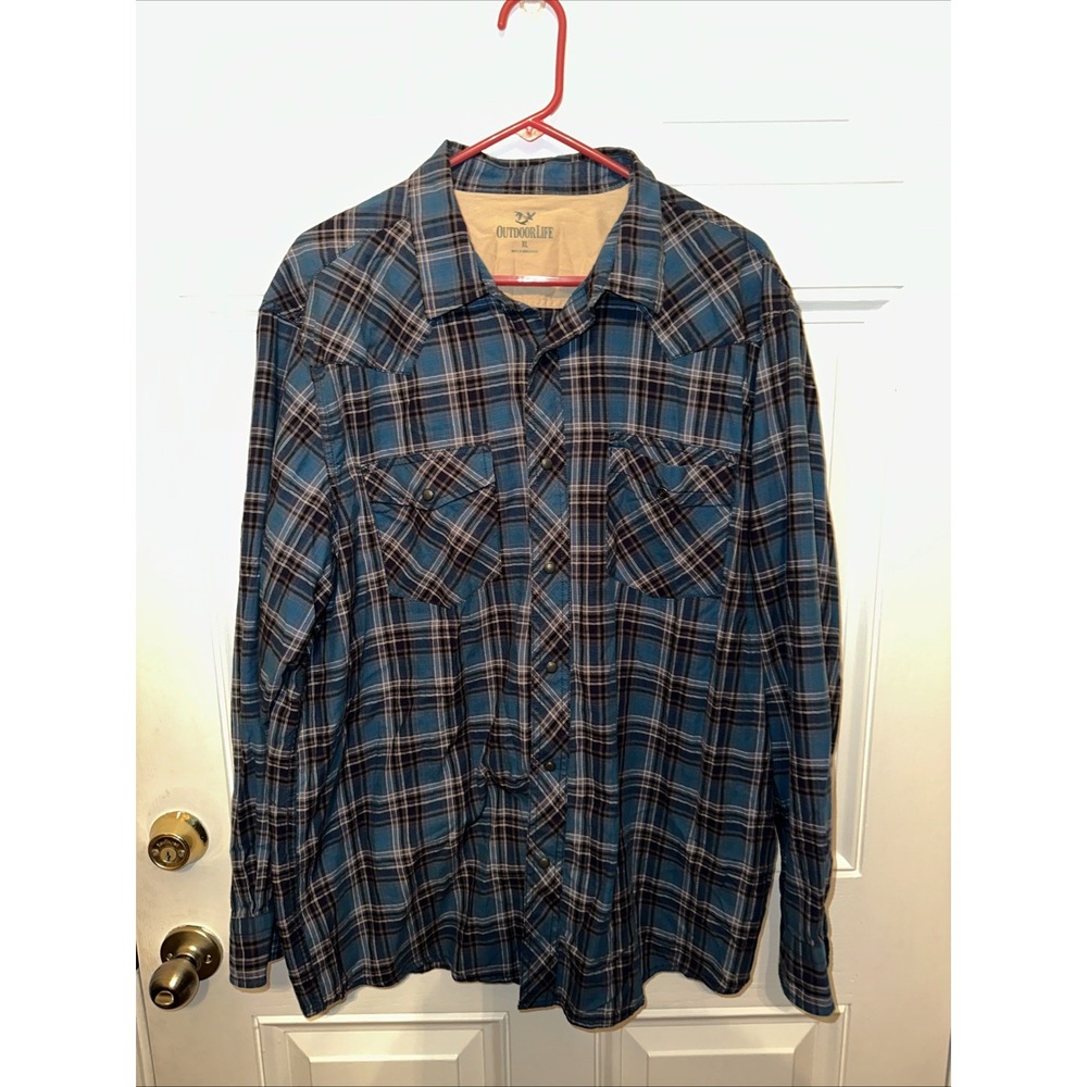 Outdoor Life XL Blue Plaid Pearl Snap Western Shirt Long Sleeve Cowboy